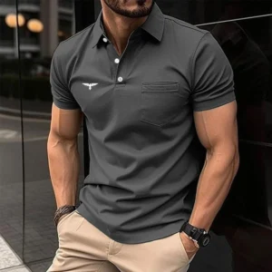 Summer Men Casual Short Sleeve Button Polo Shirt with Pocket