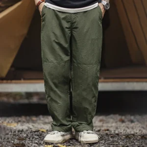 Maden Retro Thin Pants with No Elastic Waist and Braided Hemp Rope Elastic Leg Design Pants Green Straight Casual Pants for Men