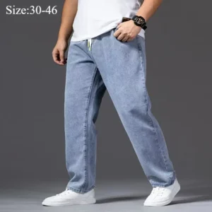 Thick Jeans  Wide Leg For Men Autumn Straight 140KG Stretched Gray Denim Trousers Elastic Waist Plus Size 42 44 46 Male Pants