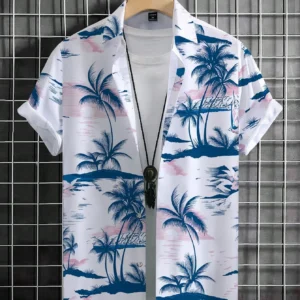 Men's Coconut Tree Graphic Print Short Sleeve Lapel Shirt Tops Men's Casual Button-Down Shirts For Summer Daily Wear And Resort