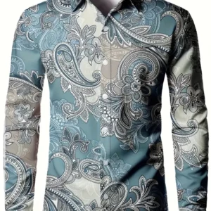 Men Retro Cashew Flower Shirt Exquisite Printing Long Sleeve Button Down Shirt Fashion Casual Lapel Cardigan Jacket Office Shirt