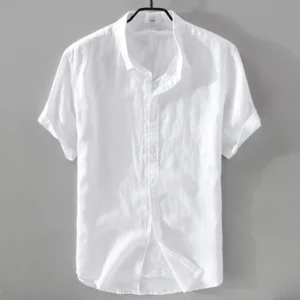 2025 Pure Linen Short Sleeved Shirt Men's Linen White Shirt Cotton Linen Men's Upper Garment Men's Casual Summer Half Sleeved