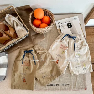 Children Boy Half Pant Summer Cartoon Colorful Pattern Shorts For Kid Boy Beige Khaki Baby Boys Elastic Wiast Shorts Unisex Pant