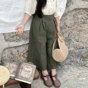 Girls College Style Cotton Linen Plaid Overalls Summer New Kids Loose Straight Jumpsuit Casual Removable Straps Wide Leg Pants