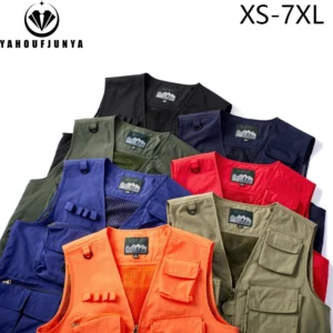 2025 New Summer Men Sleeveless Fishing Tool Webbed Vest Men Breathable Many Pocket Outdoors Camping Thin Vest Male Plus Size 7XL