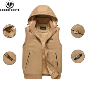 Men Winter Sleeveless Outdoors Fleece Warm Hooded Vest Men Windproof High-Quality Design Zipper Leisure Fashion Vest Male Coat