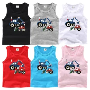 2025 New Summer Camisole Boys Girls Children's Cotton Sleeveless Bottoming Shirt Cartoon Excavator Casual Kids Vest