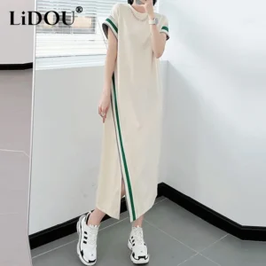 2023 Summer New Korean Style Contrast Color Asymmetrical Ladies Midi Dress Female Short Sleeve Loose Casual Straight Vestidos