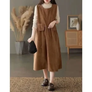 Corduroy Strap Dress for Women 2024 Autumn/Winter New Style Retro Style Small Loose Medium Length Tank Top Skirt