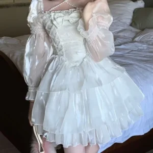 Japanese Sweet Fairy Lolita Dress Women White Mesh Elegant Princess Dress Female Bow Casual Evening Party Dress Summer 2023 Slim