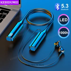 Bluetooth 5.3 Headphones Wireless Neckband Earphones HiFi Stereo Noise Reduction Headsets LED AI Assistant Waterproof Earbuds