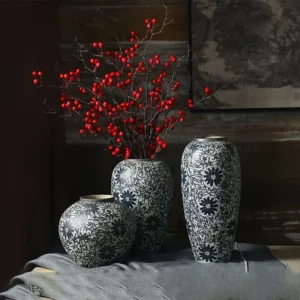 Blue White Porcelain Vintage Style Ceramic Vase, Traditional Pattern, Cylinder Bud Vase for Living Room Table and Entryway Decor