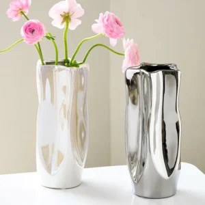 Ceramic Vase Flower Luxury Electroplated Silver Arrangement Irregular Porcelain Hydroponic Vase Ornament Interior Art Decoration
