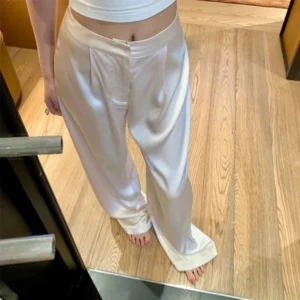 MEXZT Elegant Satin Wide Leg Pants Women 3Xl Fashion High Waist Black White Pants Summer Ladies Korean Baggy Straight Trousers