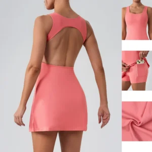 Alpha Women's Square Neck Backless Tennis Dress Sleeveless Golf Athletic Dress Build in Shorts with Pockets