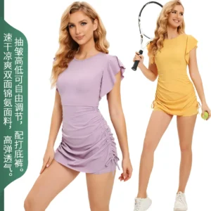 Outdoor Quick Dried High Elastic Drawstring One Piece Sports Dress with Ruffle Sleeves Golf Badminton Tennis Dress sport dress