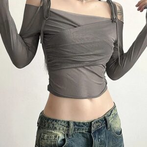 Women’s Y2K Streetwear Slash Neck Off-Shoulder Long Sleeve Mesh Crop Top – Slim Fit Straps Tee