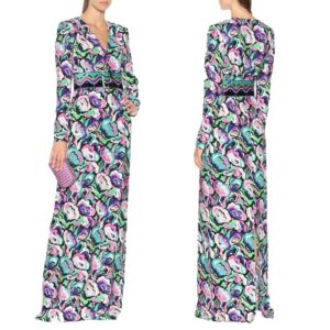 Women’s V-Neck Long Sleeve Peony Print Knit Dress – Slim Fit Stretch Clubwear