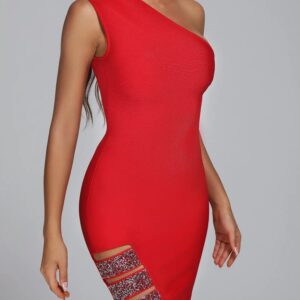 One Shoulder Red Bandage Dress – Women’s Sleeveless Party Clubwear