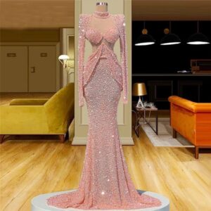 Dubai Pink Luxury Beaded Evening Dress | High Neck Long Sleeve Mermaid Sweet 15 & 16 Prom Birthday Gown