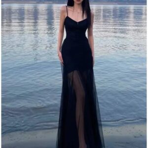 French Style Vintage Evening Dress | Spaghetti Strap Mesh Patchwork V-Neck Split Black Slim Elegant Party Dress