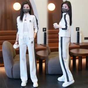 Korean Style Women Jogging Tracksuit Two Piece Wide Leg Set