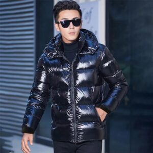 Men Glossy Parka Jacket Hooded Winter Windproof Rainproof Warm Coat