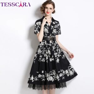 TESSCARA Women Summer Elegant Long Cocktail Party Dress Vintage Lace A Line Designer Gown