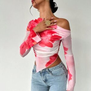 Sweet Spice Women's Mesh Print Diagonal Shoulder Long Sleeve Irregular Off-Shoulder Top