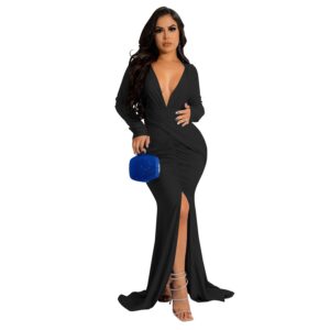 QILI- Full Sleeve Deep V Neck Dress for Women, Front Split, Floor-lenght, Monochrome Folds, Elegant Lady Wear, Evening Party
